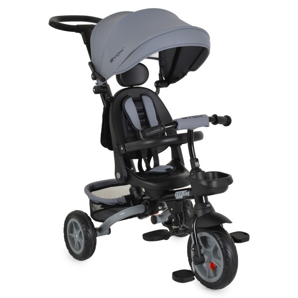 Tricicleta copii Byox Explore Dark Grey, pliabila, sezut rotativ 360°, spatar reglabil, control parental, copertina, 12 luni+, 25 kg