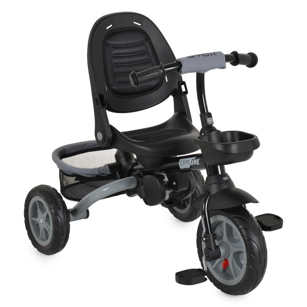 Tricicleta copii Byox Explore Dark Grey, pliabila, sezut rotativ 360°, spatar reglabil, control parental, copertina, 12 luni+, 25 kg