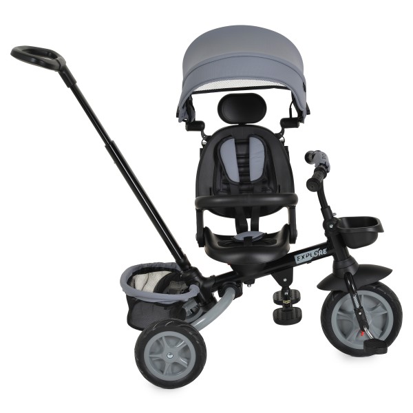 Tricicleta copii Byox Explore Dark Grey, pliabila, sezut rotativ 360°, spatar reglabil, control parental, copertina, 12 luni+, 25 kg