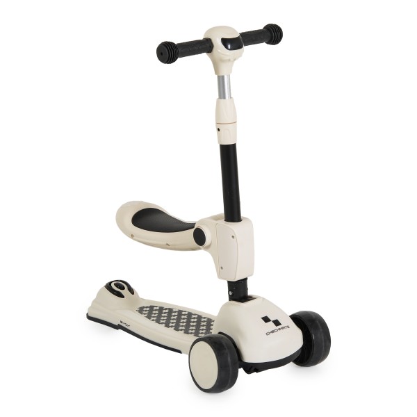 Trotineta copii 2 in 1 Byox Checkmate Royal White, cu scaun si ghidon reglabil, lumini si muzica, 3+ ani, 50 kg