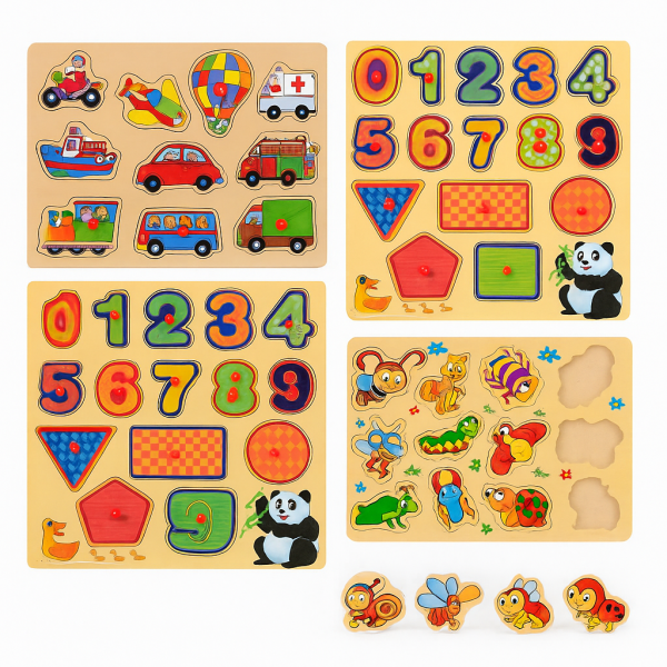 Set 4 Puzzle-uri din Lemn pentru Copii 3-5 ani – Joc Educațional cu Cifre, Forme, Animale și Vehicule