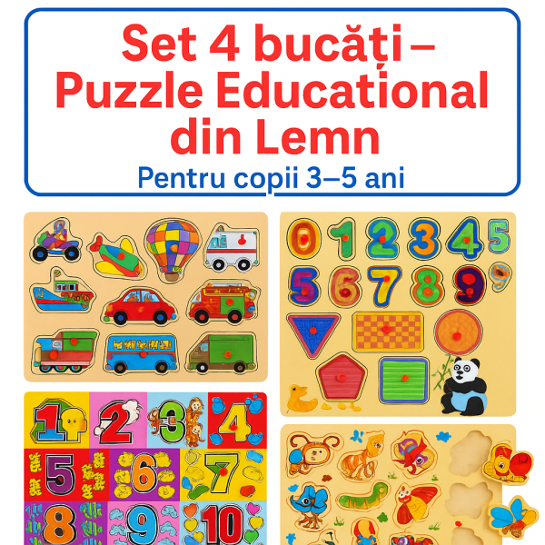 Puzzle din Lemn Educațional – Set 4 Bucăți pentru Copii 3-5 Ani – Cifre, Forme, Animale și Vehicule