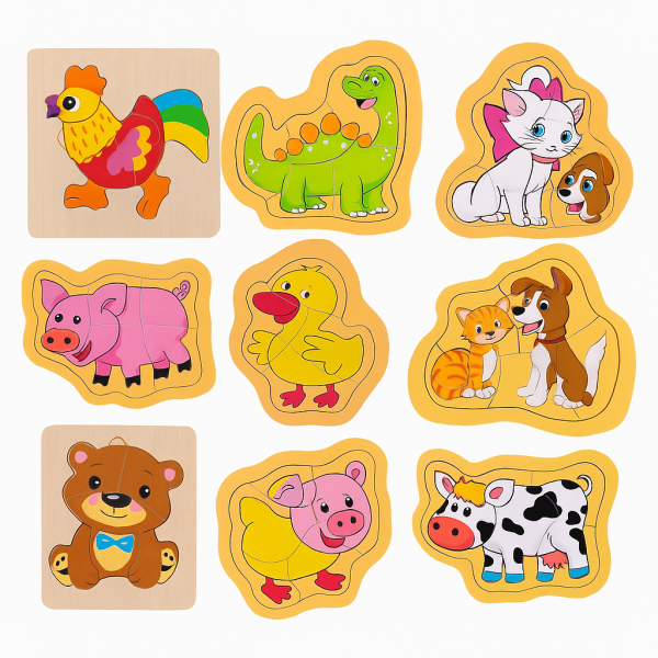 Set 8 Puzzle-uri din Lemn pentru Copii 3-5 Ani – Animale și Dinozauri, Joc Educativ