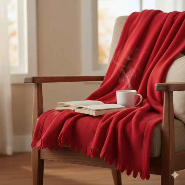 Pătură decorativă de iarnă fleece roșie cu franjuri, dimensiune 170x130 cm, poliester