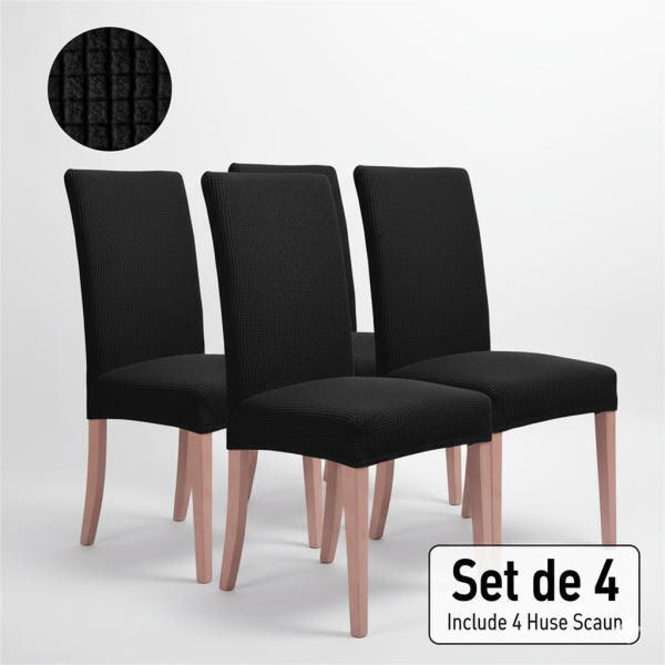 Set 4 huse scaun decorative elastice OEM negre cu carouri relief – pentru scaune fără brațe