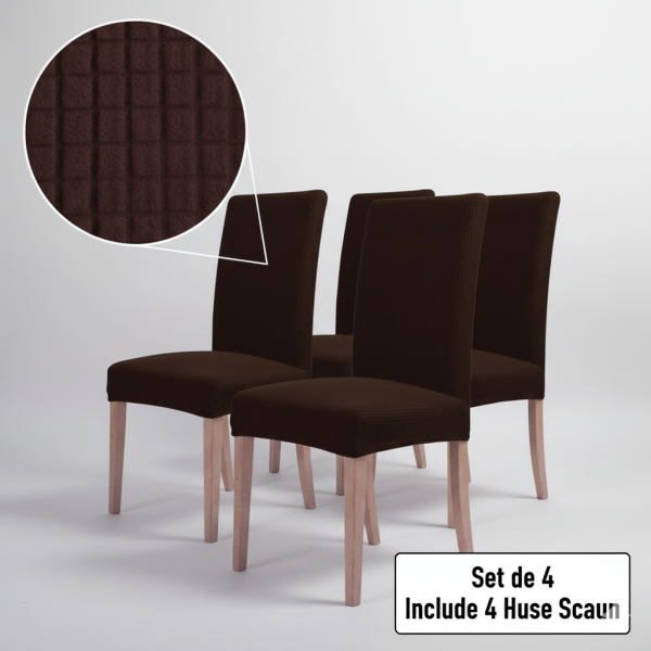 Set 4 huse scaun decorative elastice OEM Maro cu carouri relief – pentru scaune fără brațe