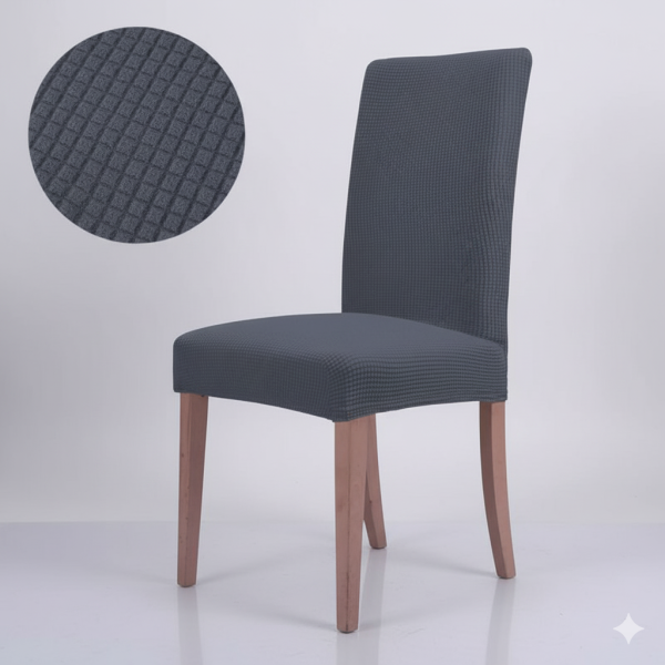 Husă scaun decorativă elastică OME Gri cu carouri relief – pentru scaune fără brațe