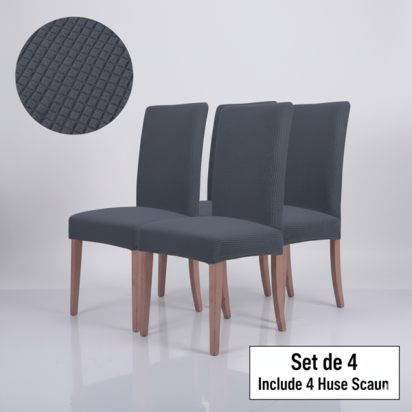 Set 4 huse scaun decorative elastice OEM Gri cu carouri relief – pentru scaune fără brațe