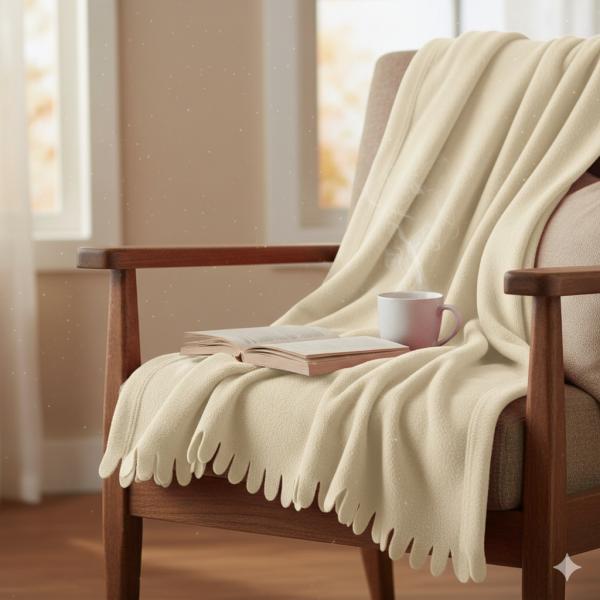 Pătură decorativă de iarnă fleece alba cu franjuri,170x130 cm, poliester