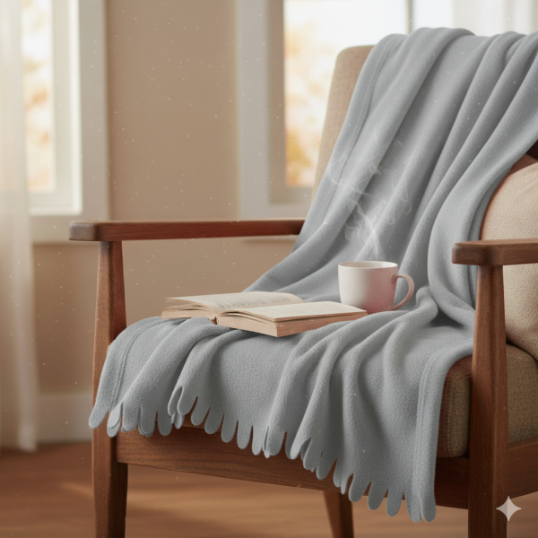 Pătură decorativă de iarnă fleece gri cu franjuri, dimensiune 170x130 cm, poliester