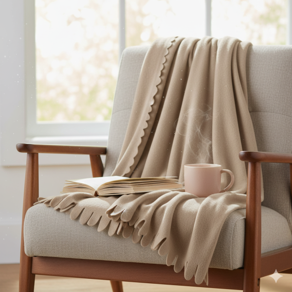 Pătură decorativă de iarnă fleece bej cu franjuri, dimensiune 170x130 cm, poliester