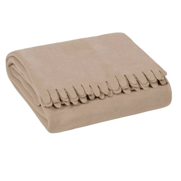 Pătură decorativă de iarnă fleece bej cu franjuri, dimensiune 170x130 cm, poliester