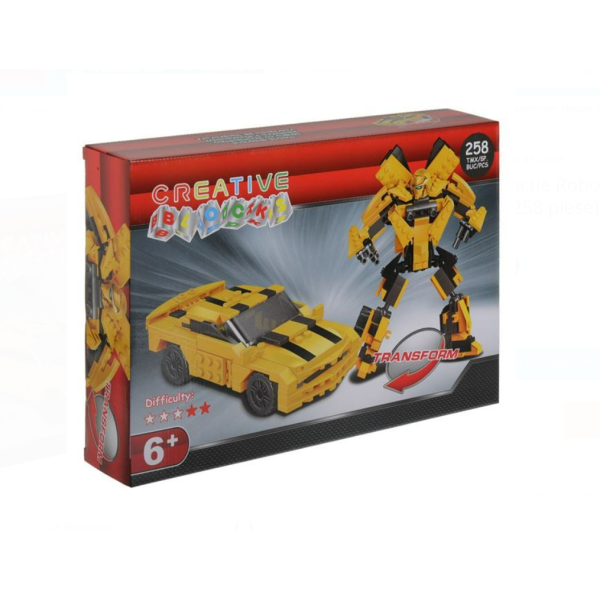 Set cuburi de construcție 258 piese – Robot Transformer 2 în 1 mașină galbenă, nivel dificultate 3/5, 6 ani+