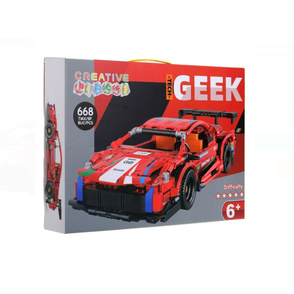 Set cuburi de construcție Creative Blocks 668 piese – mașină de curse roșie cu uși verticale și detalii realiste, dificultate 5/5, 6 ani+