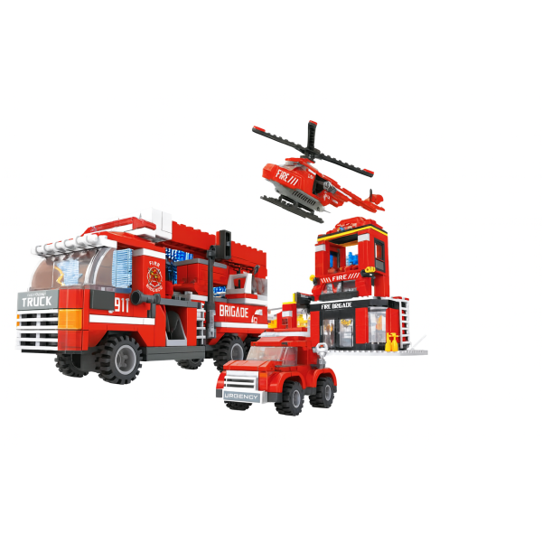 Set cuburi de construcție 709 piese Creative Blocks – Stație de Pompieri cu vehicule, elicopter și figurine, dificultate 4/5