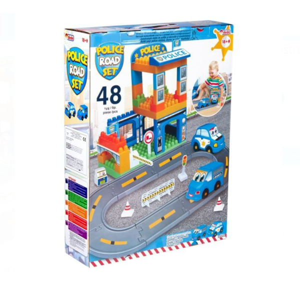Set cuburi de construcție 48 piese – Stație de Poliție cu drum și vehicule, pentru copii 18+ luni