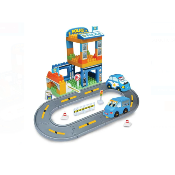 Set cuburi de construcție 48 piese – Stație de Poliție cu drum și vehicule, pentru copii 18+ luni