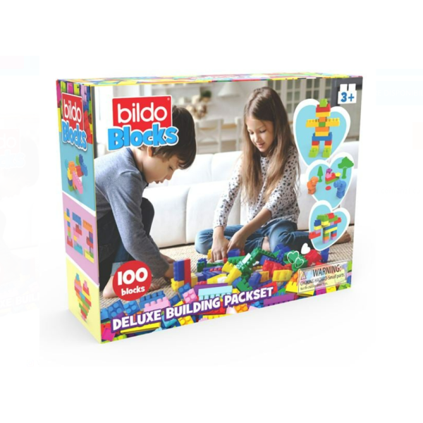 Set cuburi de construcție Bildo Blocks Deluxe – 100 piese multicolore, compatibile și educative, 3 ani+