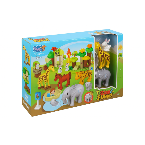 Set cuburi de construcție Grădina Zoologică – 51 piese cu figurine și elefant cu sunet, pentru copii 2 ani+