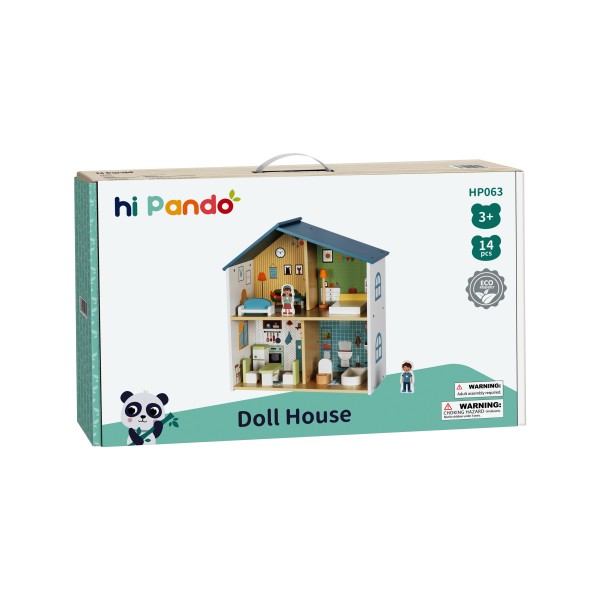 Casă de Păpuși din Lemn Hi Pando cu Mobilier și 2 Figurine – Joc Creativ și de Rol pentru Copii 3+