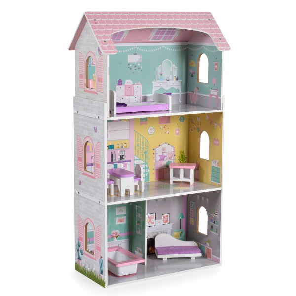Casă de păpuși din lemn Anna Moni Toys – 3 etaje, 4 camere mobilate, 8 accesorii, design colorat pentru fetițe