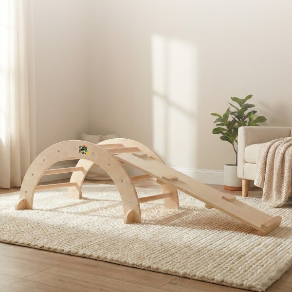 Arc de Catarat Pikler cu Rampa din Lemn Masiv, Montessori, 50 kg, pentru Copii 3+ Ani