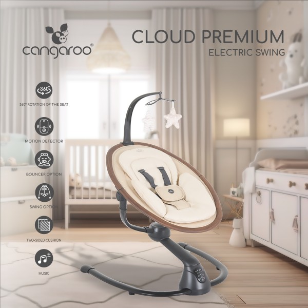 Leagan Electric Cloud Premium light grey cu Rotatie 360°, 5 Viteze, Detector Miscare, Telecomanda, 0-9 kg