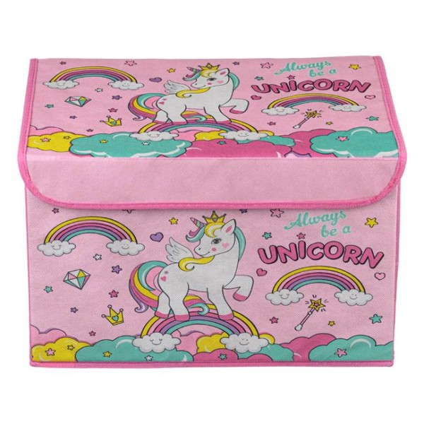 Cutie cu capac pentru depozitat Jucarii, Haine, Carti, model Unicorn Roz din material textil, Dimensiune 40x30x25 cm