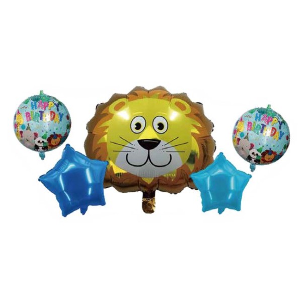 Set 5 baloane de Petrecere pentru copii, imprimeu Leu, stea albastru si Happy Birthday