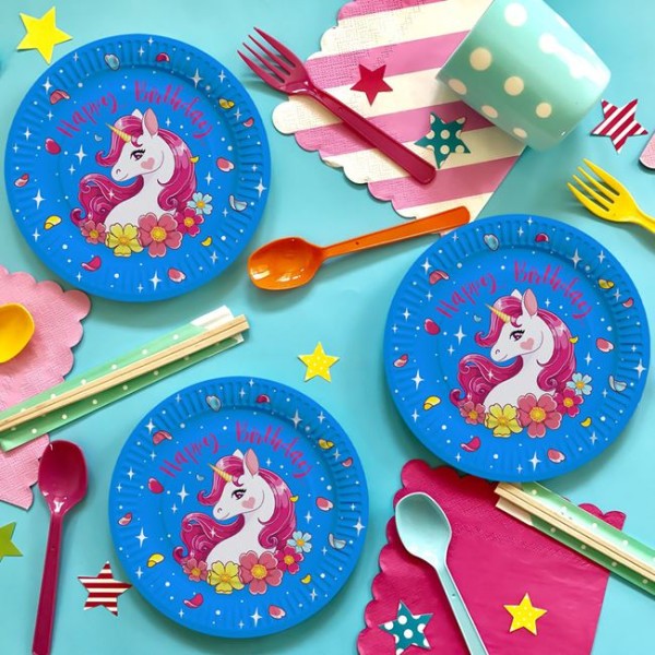 Set Petrecere Unicorn Albastru pentru 6 Copii, Fata de Masa, Servetele, Farfurii, Pahare, Furculite