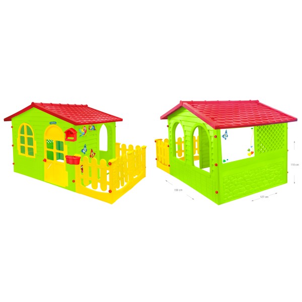 Casuta mare de joaca pentru exterior Mochtoys galben rosu, cu gardulet si tabela de desen, 190 x 127 x 118 cm