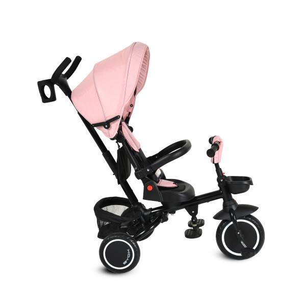 Tricicletă Pliabila cu maner Byox Cruz Pink 12-72 luni – scaun rotativ 360°, control parental, spătar reglabil și multiple spații de depozitare