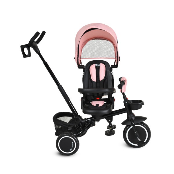 Tricicletă Pliabila cu maner Byox Cruz Pink 12-72 luni – scaun rotativ 360°, control parental, spătar reglabil și multiple spații de depozitare