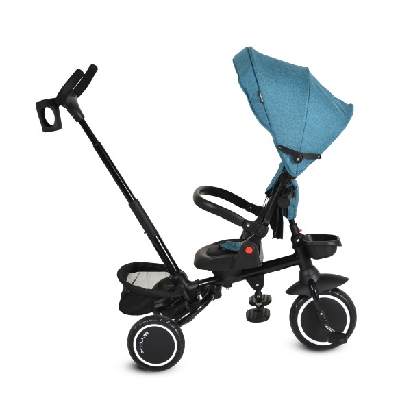 Tricicletă Pliabila cu maner Byox Cruz Blue 12-72 luni – scaun rotativ 360°, control parental, spătar reglabil și multiple spații de depozitare