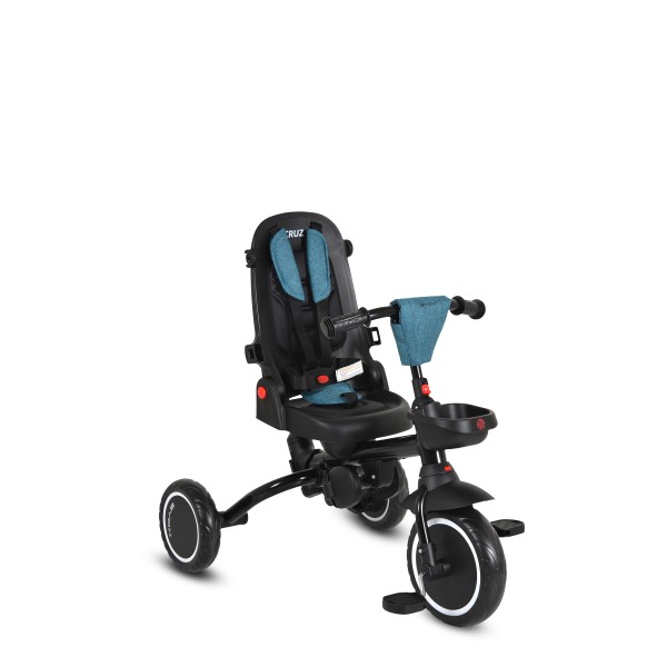 Tricicletă Pliabila cu maner Byox Cruz Blue 12-72 luni – scaun rotativ 360°, control parental, spătar reglabil și multiple spații de depozitare