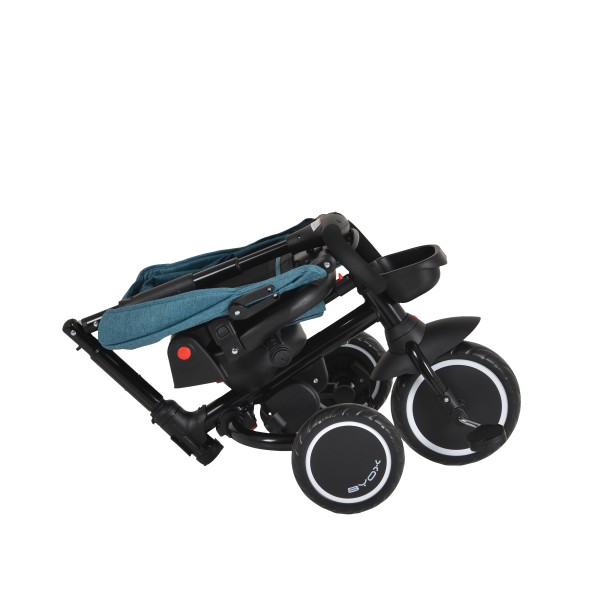 Tricicletă Pliabila cu maner Byox Cruz Blue 12-72 luni – scaun rotativ 360°, control parental, spătar reglabil și multiple spații de depozitare