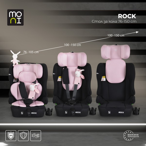 Scaun auto copii Moni Rock Pink i-Size 76–150 cm – centură 5 puncte, protecție laterală SIP, tetieră reglabilă și confort sporit în călătorii