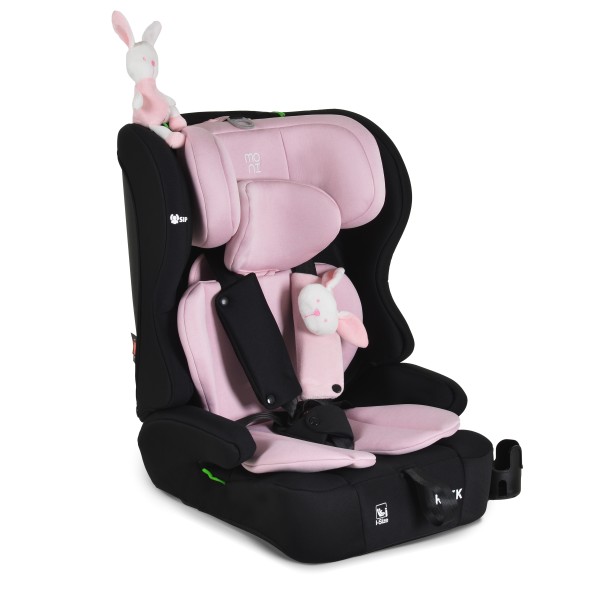 Scaun auto copii Moni Rock Pink i-Size 76–150 cm – centură 5 puncte, protecție laterală SIP, tetieră reglabilă și confort sporit în călătorii