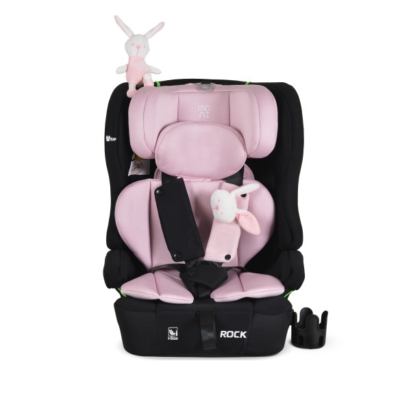 Scaun auto copii Moni Rock Pink i-Size 76–150 cm – centură 5 puncte, protecție laterală SIP, tetieră reglabilă și confort sporit în călătorii