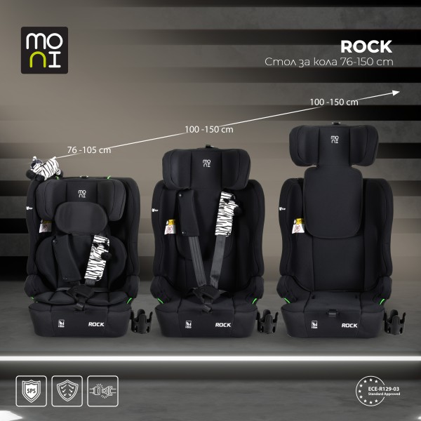 Scaun auto copii Moni Rock Black i-Size 76–150 cm – centură 5 puncte, protecție laterală SIP, tetieră reglabilă și confort sporit în călătorii