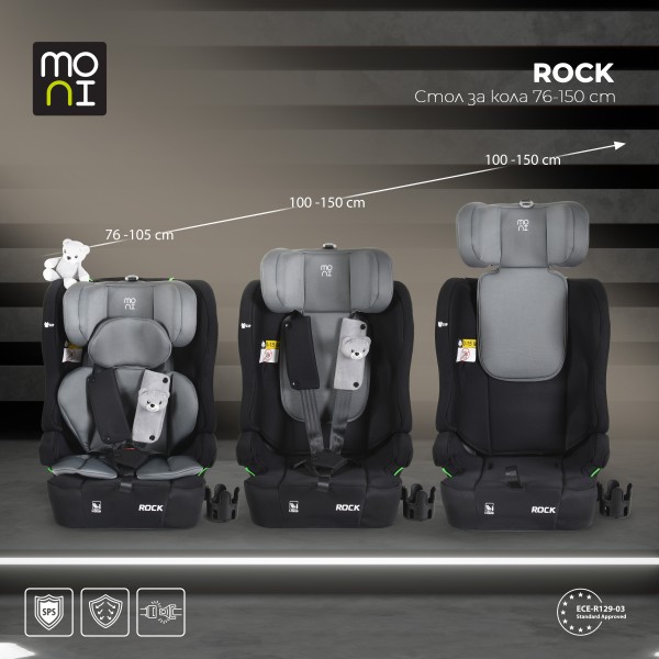 Scaun auto copii Moni Rock Space Grey i-Size 76–150 cm – centură 5 puncte, protecție laterală SIP, tetieră reglabilă și confort sporit în călătorii