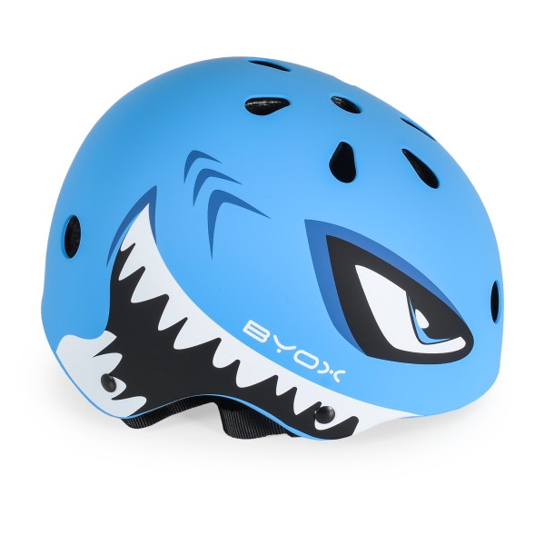 Cască copii Byox Shark Blue reglabilă 48–54 cm cu lumină LED – protecție EPP+ABS, 11 orificii de ventilație, ideală pentru bicicletă, role și skate