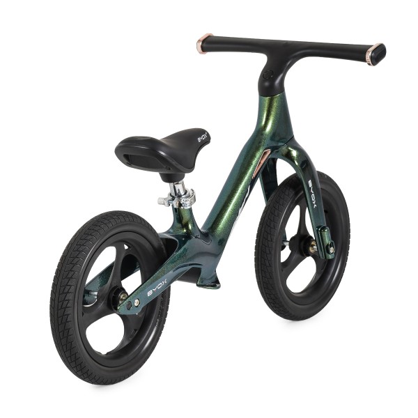 Bicicletă de echilibru cu vopsea perlată Byox Velori Astral Green 2+ ani – cadru ușor din magneziu, șezut reglabil și lumini interactive