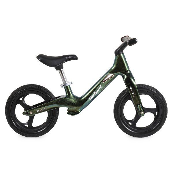 Bicicletă de echilibru cu vopsea perlată Byox Velori Astral Green 2+ ani – cadru ușor din magneziu, șezut reglabil și lumini interactive
