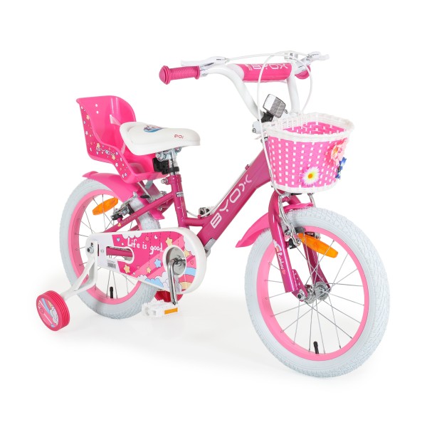 Bicicleta cu roti ajutatoare pentru fetite Byox Cupcake Roz 16 inch, varsta 4-6 ani, accesorii incluse