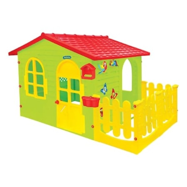 Casuta mare de joaca pentru exterior Mochtoys galben rosu, cu gardulet si tabela de desen, 190 x 127 x 118 cm