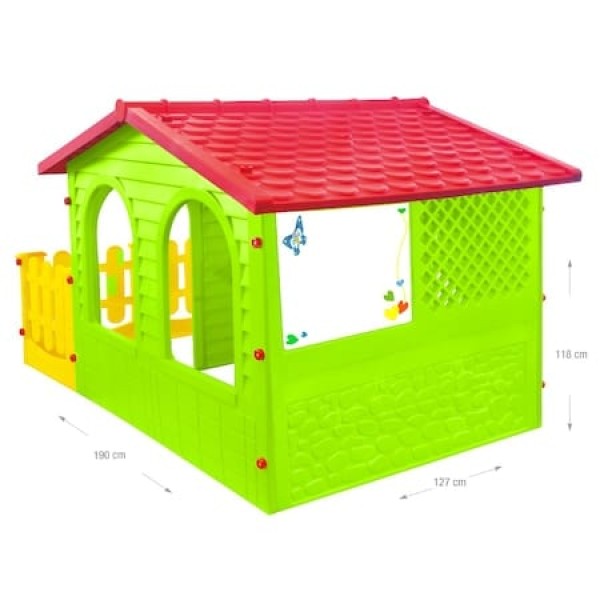 Casuta mare de joaca pentru exterior Mochtoys galben rosu, cu gardulet si tabela de desen, 190 x 127 x 118 cm