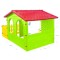 Casuta mare de joaca pentru exterior Mochtoys galben rosu, cu gardulet si tabela de desen, 190 x 127 x 118 cm