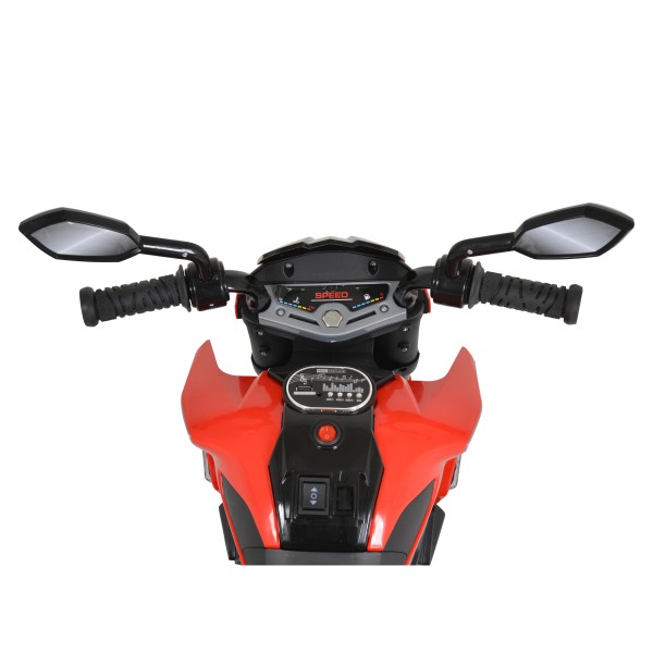 Motocicleta electrica copii cu 3 roti Moni Colombo Rosu, lumini LED, functii muzicale, iesire MP3 si USB