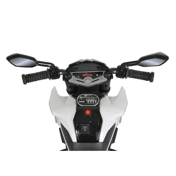 Motocicleta electrica copii cu 3 roti Moni Colombo Alb, lumini LED, functii muzicale, iesire MP3 si USB